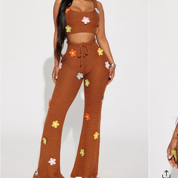Fashion Nova Brown Floral Crochet Pant Set - Picture 1 of 5